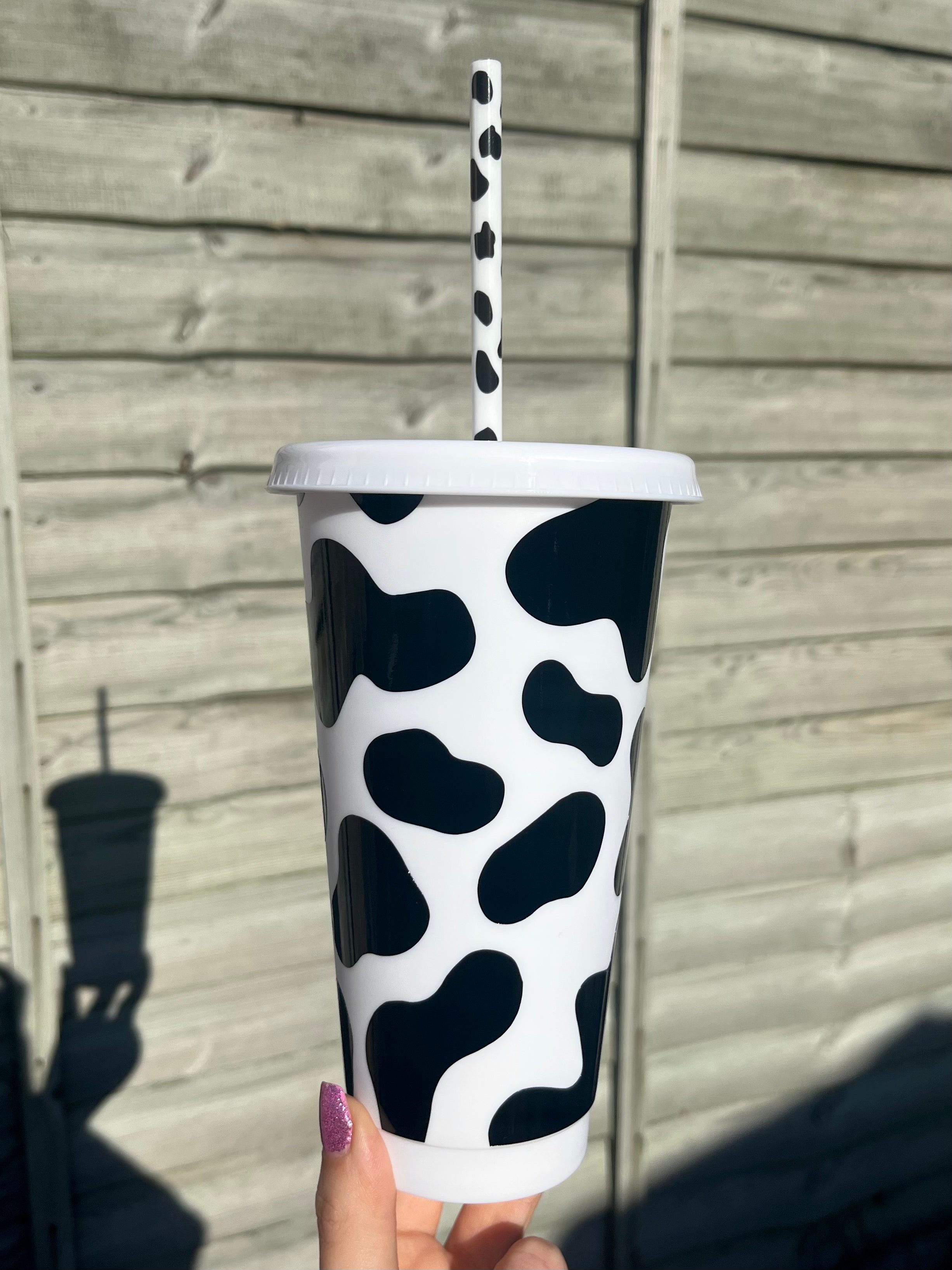 Cow Print - Black and White Acrylic Tumbler with Straw