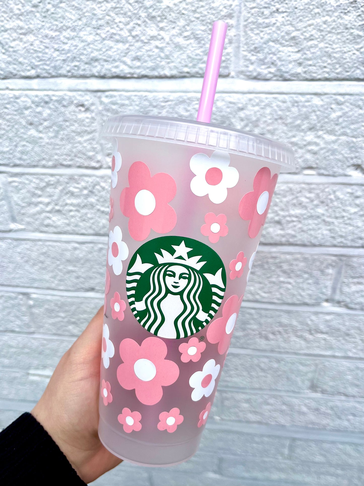 Starbucks Cold Cup With Pink Retro Flowers Design