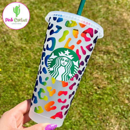 Starbucks 24oz Reusable Rainbow Leopard Print Cold Cup Tumbler